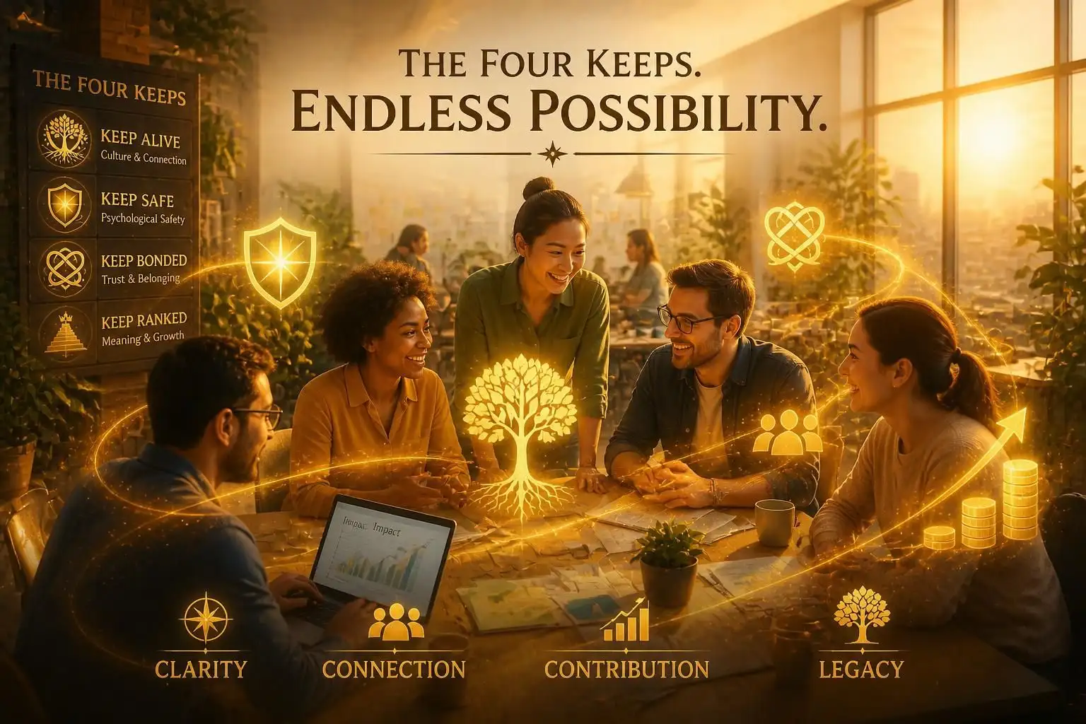 Diverse team in a modern collaborative workspace with symbols of safety, growth, connection, and success from the Four Keeps framework by Jeremiah Josey