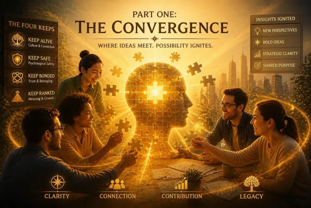 Puzzle pieces forming a human head with golden light bursting outward, illustrating the Convergence section of The Four Keeps by Jeremiah Josey.