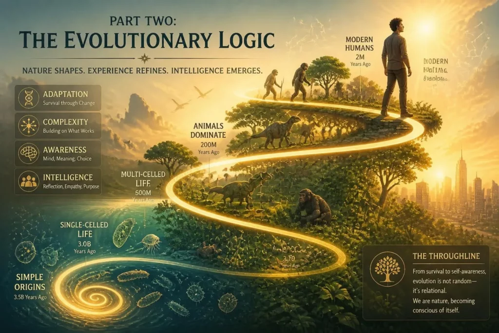 Stylized evolution timeline rising from simple organisms to humans, showing the evolutionary logic behind The Four Keeps by Jeremiah Josey.