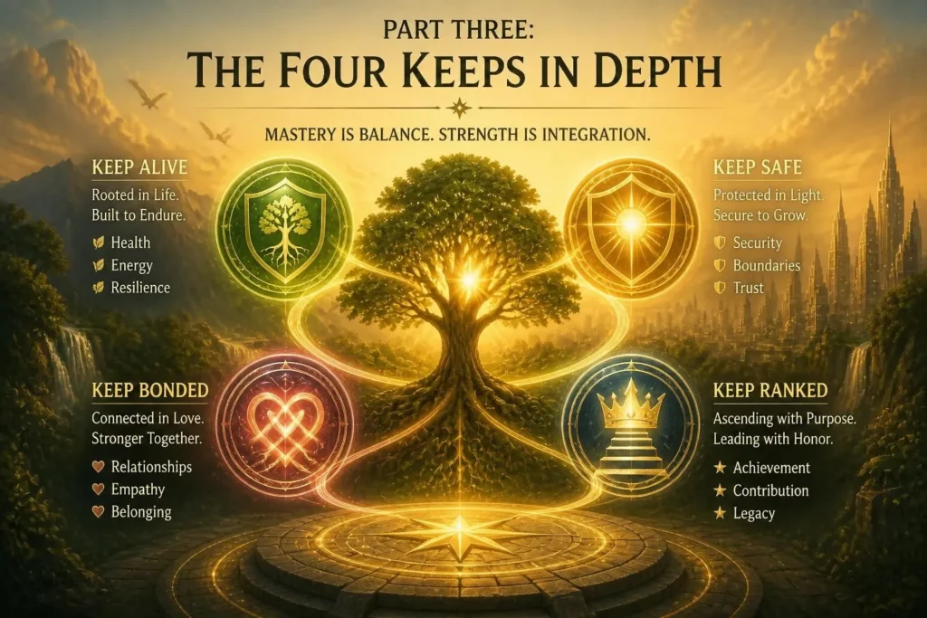 Four glowing symbols representing keep alive, keep safe, keep bonded, and keep ranked in a balanced layout from The Four Keeps by Jeremiah Josey.