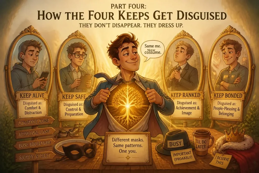 Playful disguise imagery revealing a golden layer underneath, representing hidden patterns in The Four Keeps by Jeremiah Josey.