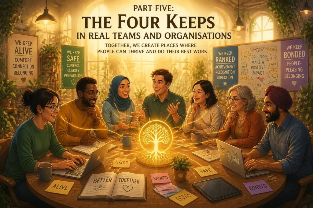 Diverse team collaborating in harmony with warm light and connected energy, illustrating The Four Keeps in real teams and organisations by Jeremiah Josey.