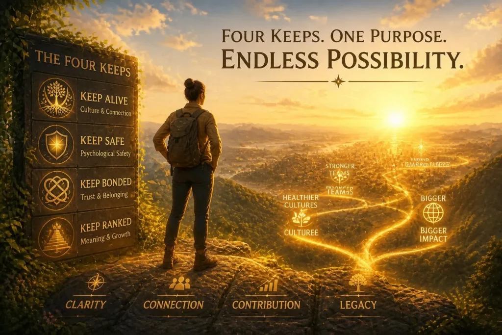 Figure at a summit looking toward a bright horizon, symbolizing success and abundance in The Four Keeps by Jeremiah Josey.
